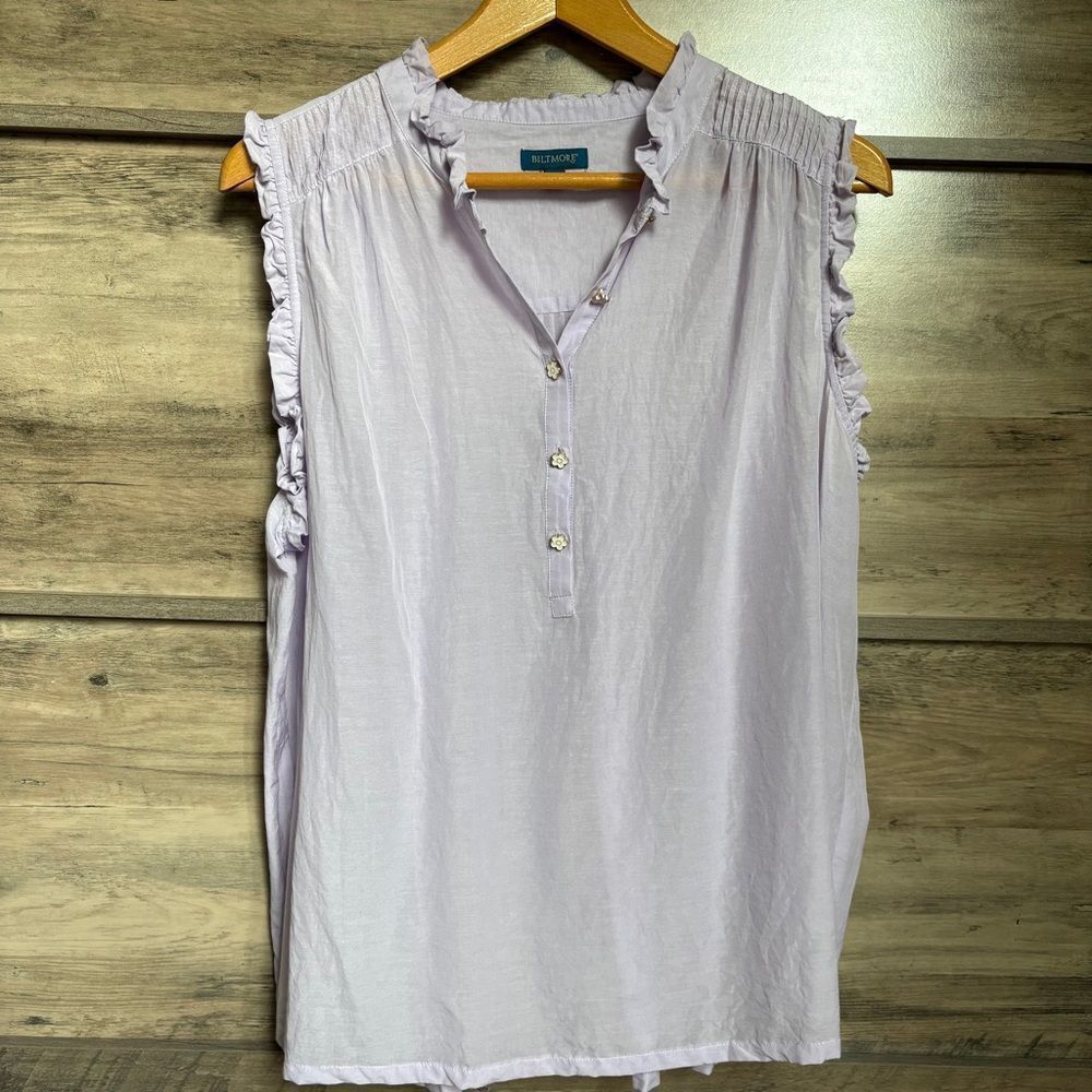 Biltmore Purple Ruffled Sleeveless Blouse Mandarin Collar Daisy Buttons XXL